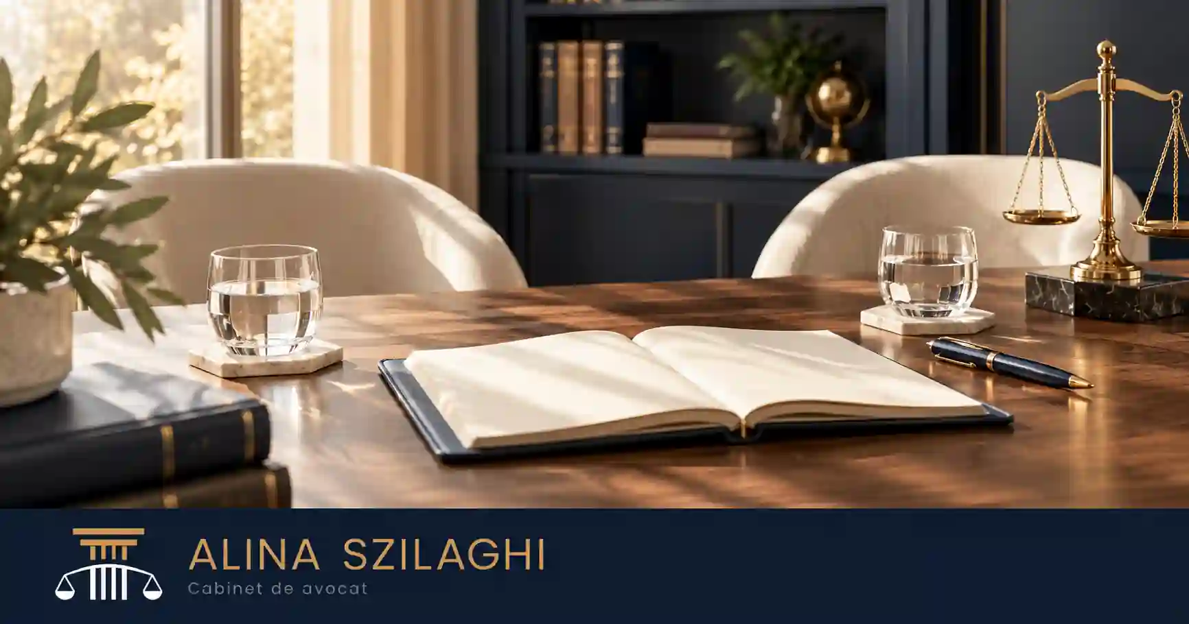 Masă primitoare de consultații cu un carnet și apă. Logo Alina Szilaghi – Cabinet de avocat.