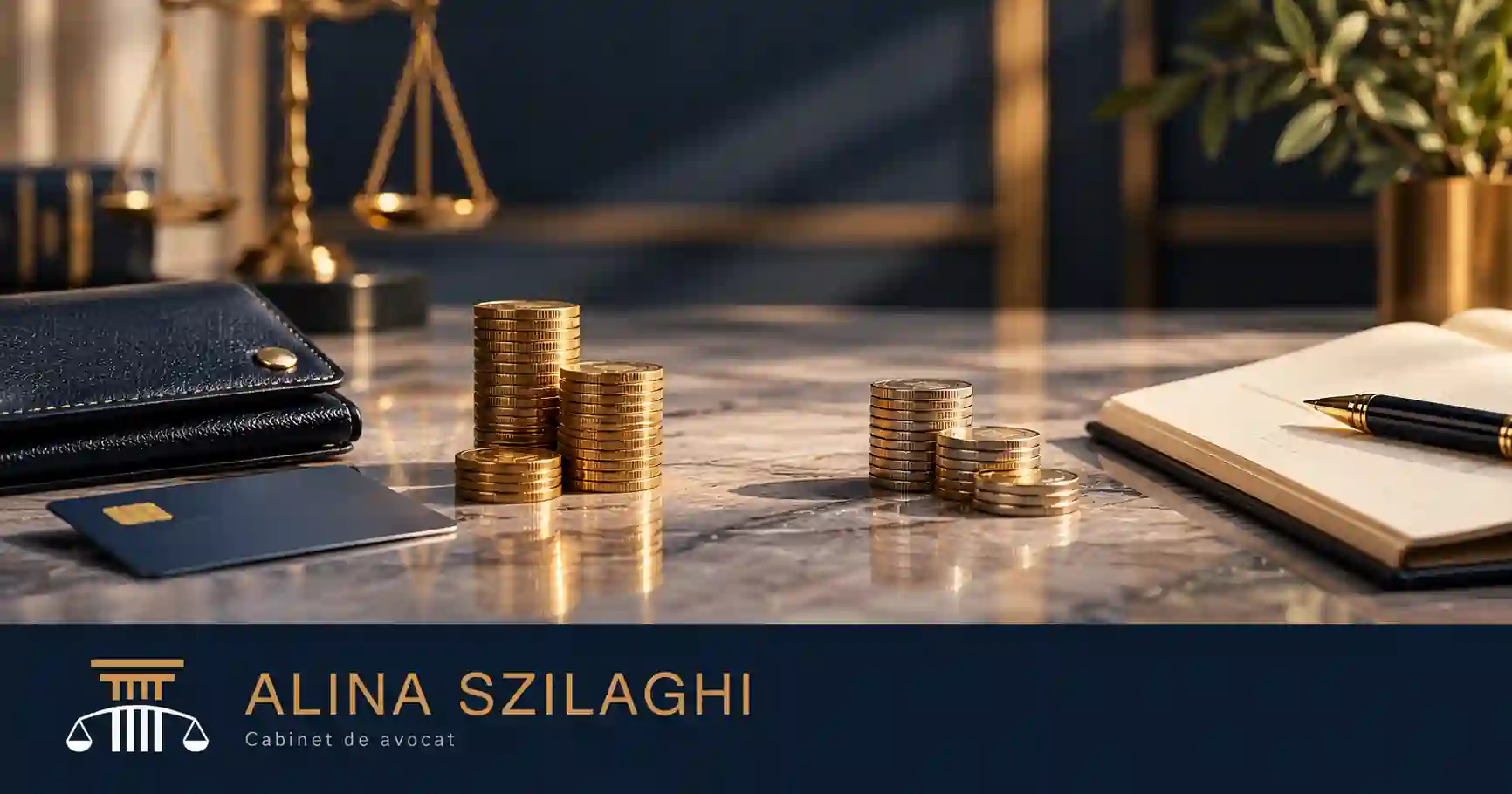 Monede, portofel și card generic pentru economiile și conturile la divorț. Logo Alina Szilaghi – Cabinet de avocat.