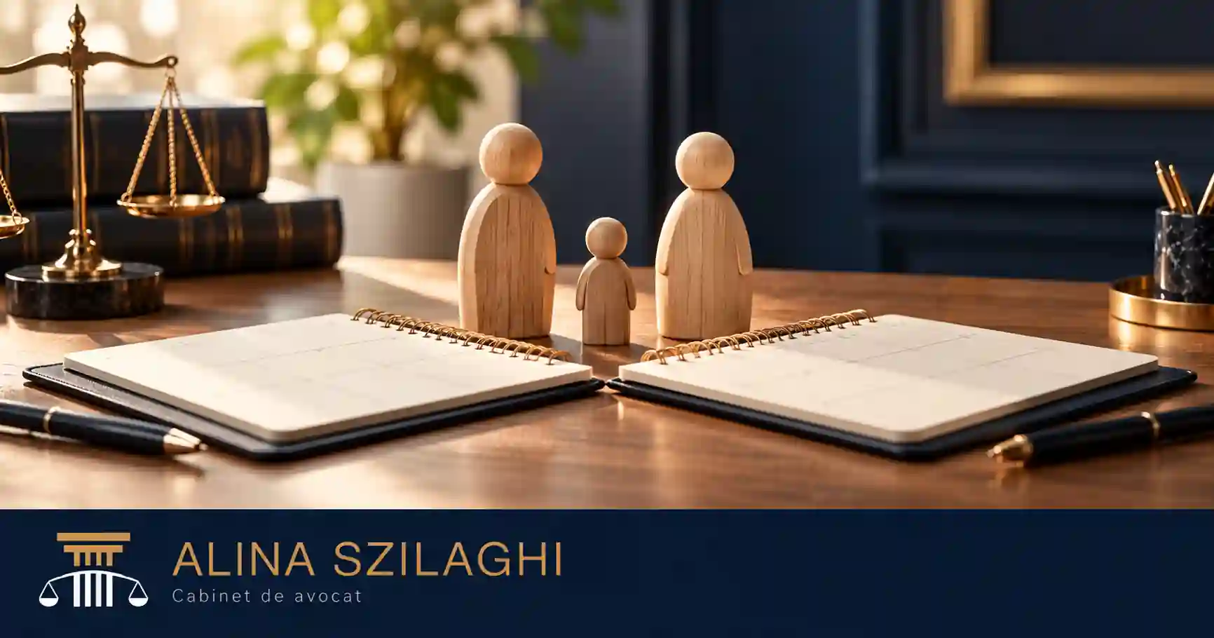 Figurine de părinți și copil alături de agende pentru coparentalitate. Logo Alina Szilaghi – Cabinet de avocat.