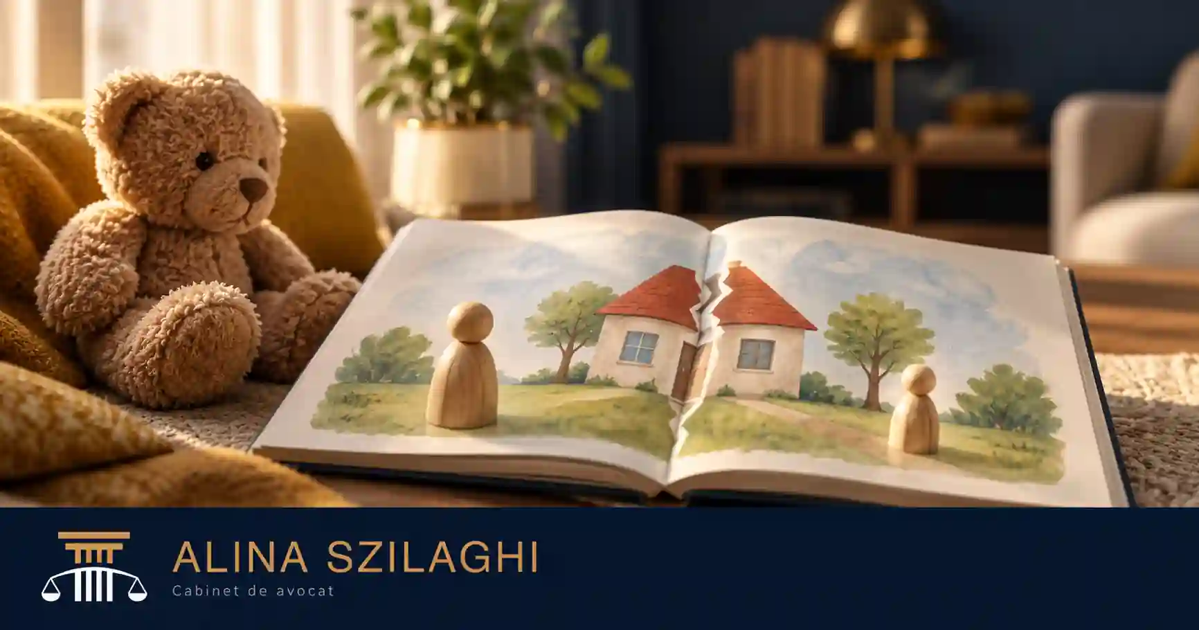 Carte ilustrată și jucărie pentru explicarea divorțului unui copil mic. Logo Alina Szilaghi – Cabinet de avocat.