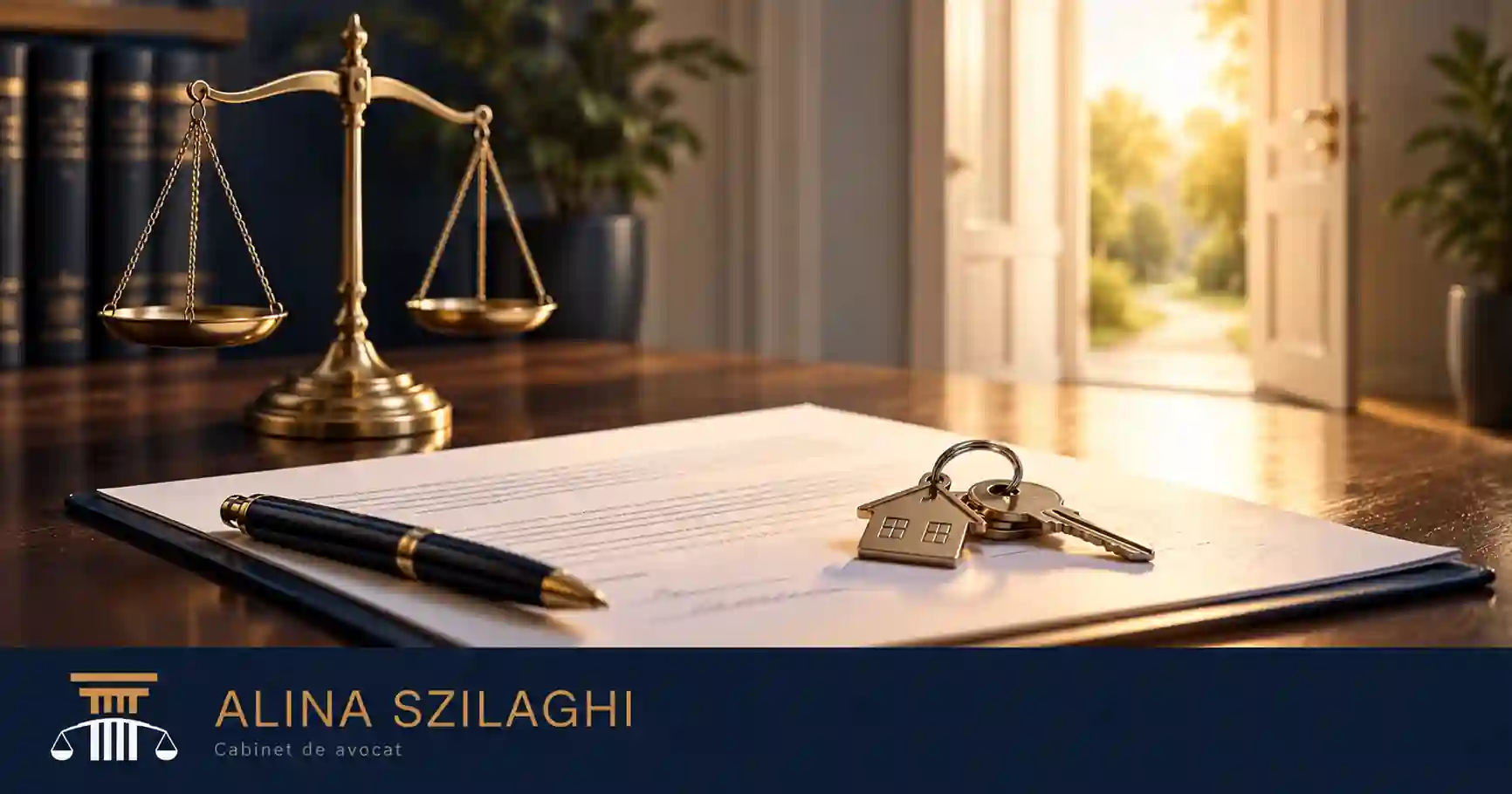 Cheie, document și balanță simbolizând drepturile după divorț. Logo Alina Szilaghi – Cabinet de avocat.