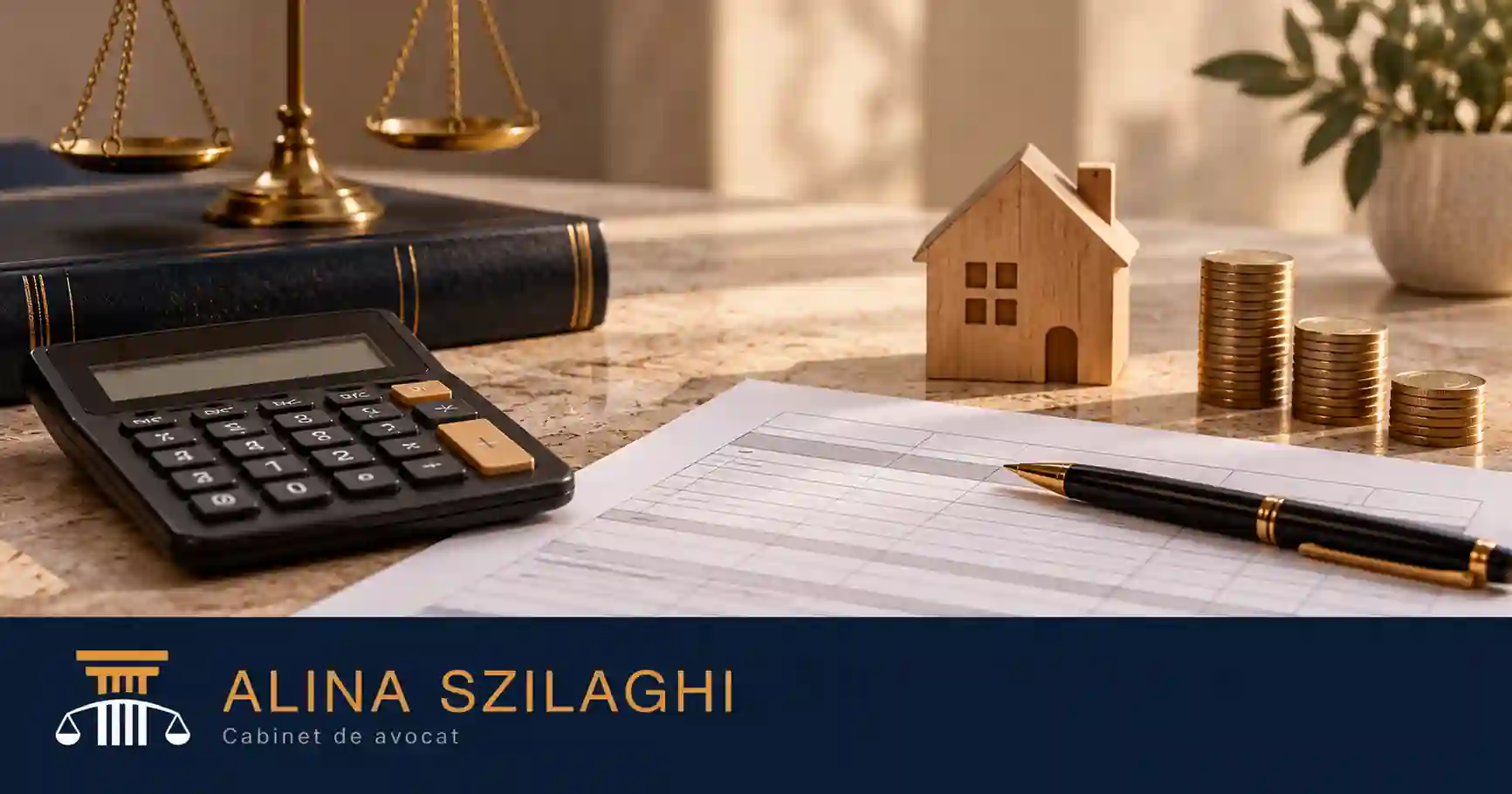 Calculator, monede și casă miniaturală pentru obligațiile fiscale după divorț. Logo Alina Szilaghi – Cabinet de avocat.