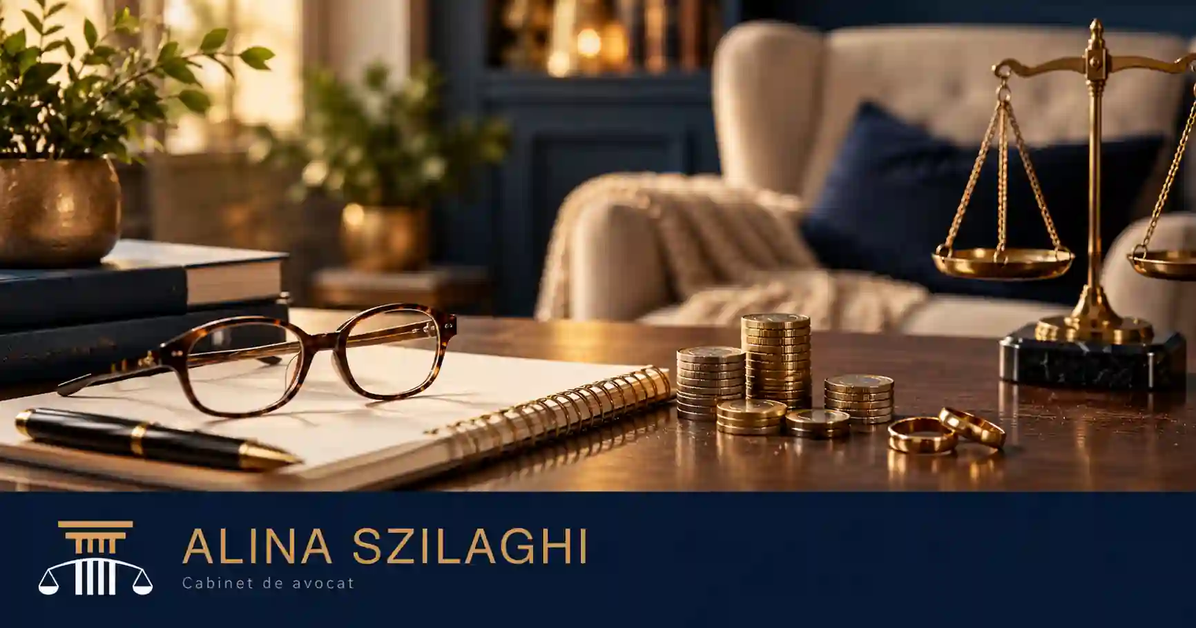 Ochelari și economii pentru planificarea pensiei după divorț. Logo Alina Szilaghi – Cabinet de avocat.