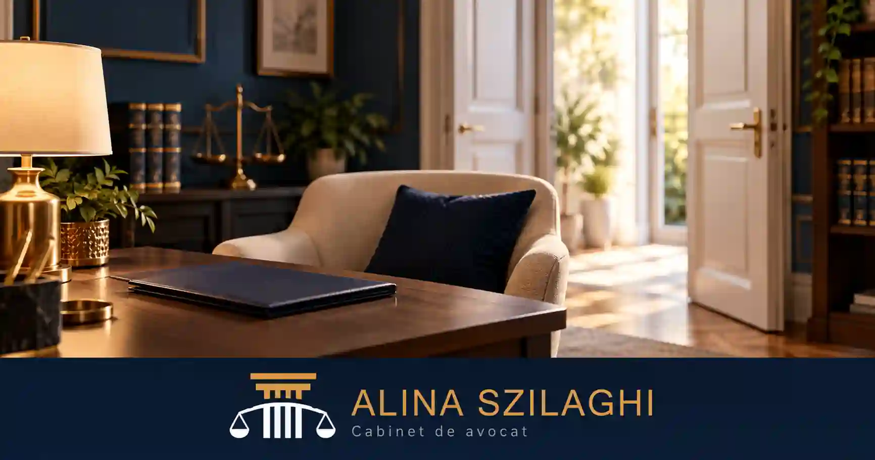 Spațiu ilustrativ de consultație juridică, cu fotoliu și ușă deschisă, marcat cu sigla Cabinetului de avocat Alina Szilaghi.